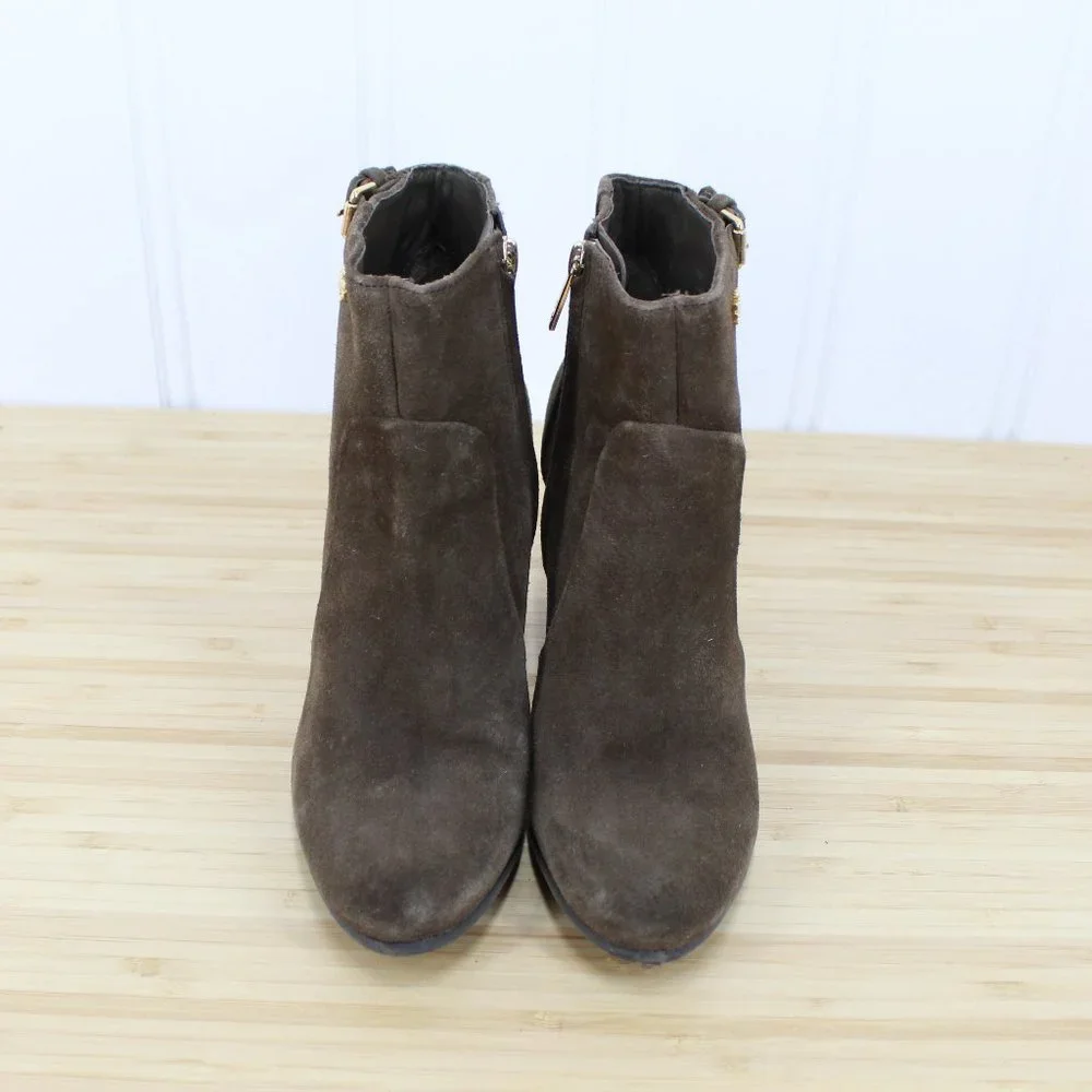 TORY BURCH Brown Suede Side Zip Ankle Stacked Heels Booties Size 7 M - Picture 5 of 9